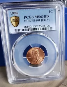 1994 LINCOLN MEMORIAL CENT W/ DOUBLE DIE REVERSE FS-801 PCGS MS 63RD ERROR!! - Picture 1 of 5