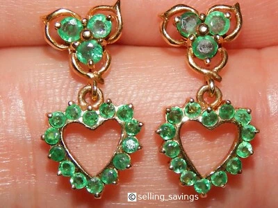 14K YELLOW GOLD EMERALD FLOATING HEART 8/10th INCH DROP DANGLE EARRINGS - Image 1 of 4