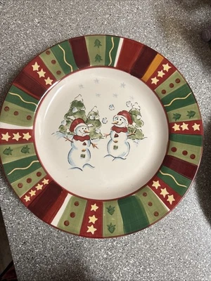 3 Tabletops Gallery WINTERLAND Snowman Dinner plates 12" Christmas Hand Painted - Image 1 of 4