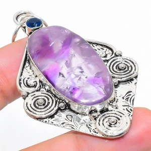 Ciondolo In Argento Sterling 925 Con Gemma Di Ametista E Topazio Blu 2.84" - Foto 1 di 5
