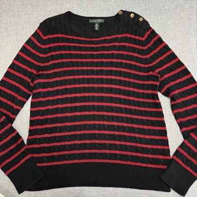 Lauren Ralph Lauren Cable Knit Sweater Women’s XL Red Black Striped Lightweight - Image 1 of 4