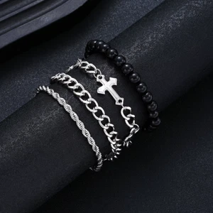 4Pcs Stainless Steel Bracelet Set For Men Women Punk Hip Hop Jewelry Gift - Picture 1 of 5