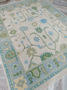 Oushak Rug Hand Knotted Ivory Green and Blue Traditional Oushak Rugs - Picture 1 of 6