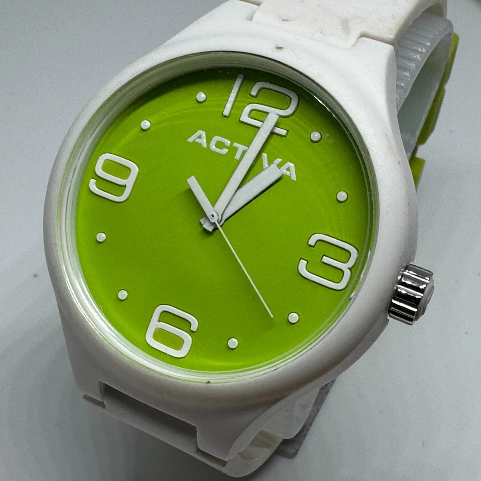 Relógio de quartzo Activa unissex 50m branco verde plástico borracha peças suíças nova bateria - Imagem 1 de 4