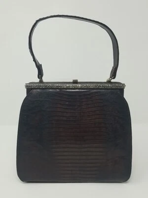 Bolso de Mano Reptil Lagarto Genuino De Colección Años 50 60 Marrón Precioso Acento Plateado Foto 1 de 4