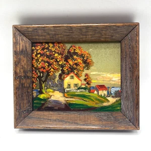 Vintage Miniature Original Oil Board Fall Trees Houses Bucks County Unsigned - Picture 1 of 8