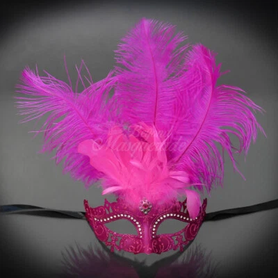Pink Fashionable Venetian Feather Mask Hot Pink Masquerade Mask  - Image 1 of 4