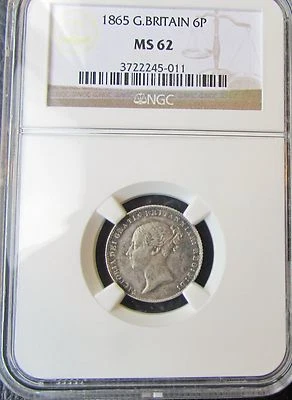 Great Britain 1865 Sixpence NGC MS 62 Die 2 Mint State UNC Silver  - Image 1 of 2
