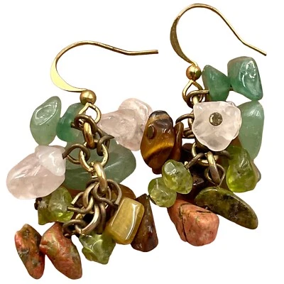 Gemstone Chip Earrings Tiger Eye Rose Quartz Aventurine Unakite Gold Tone Dangle - Image 1 of 4