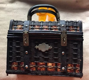 Vintage ~ 1960's Woven ~ Purse Handbag ~ Basket ~ 3 Different Materials ~ Black - Picture 1 of 11