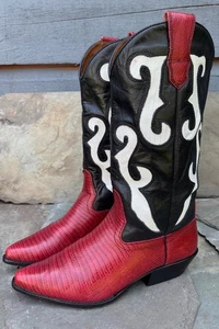 Vintage Nine West (7.5-M) ROMNEE Red Black Leather Cowboy Boots Western Pull On - Picture 1 of 16