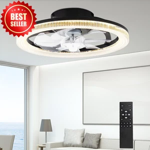 15.7" Flush Mount Ceiling Fan w/ Light Remote LED 6-Speed Low Profile Black - Picture 1 of 8