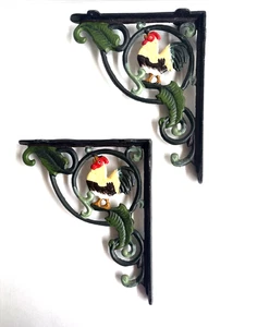 Vtg Cast Iron Painted Shelf Brackets Rooster Chicken 10"x 9" Farm Wall Decor - Picture 1 of 21