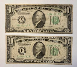 1934C $10 Ten Dollar Green Seal Federal Reserve Notes • Lot of 2 • Circulated - Picture 1 of 8