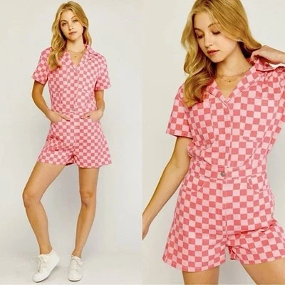 Mameluco a Cuadros Denim Rosa Entro 100% Algodón 1 Pieza Bolsillos con Cuello Wms Mediano Foto 1 de 4
