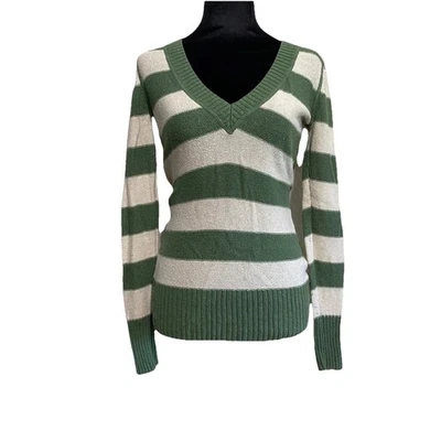 Green and White Long Sleeve V-Neck Sweater with Wide Stripes Size S - Image 1 of 4