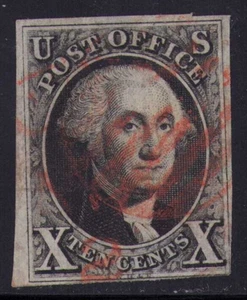 1847 US SC 2 10c Black George Washington Used w/ Red Cancel - Picture 1 of 3