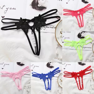 Womens Ladies Lace Sexy Pearl Beads Thong G-String Knickers Crotchless Panties B - Picture 1 of 32