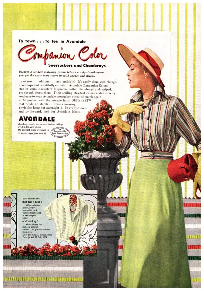 IMPRESIÓN ANUNCIO 1950 Avondale Seersuckers Cambrays Mujer Sombrero para el Sol Falda Verde 8x11 Foto 1 de 1