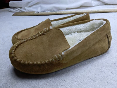 Lands' End Kids Youth 5Y 37 Womens 7 Suede Leather Moccasin Slippers English Tan - Image 1 of 4