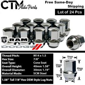 24x Chrome 2019-2022 RAM1500 Dodge OEM Factory Lug Nut M14x1.5 Fit Stock Wheel - Picture 1 of 3