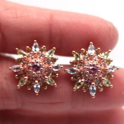 Nicht Erhitzt Rosa Turmalin, Peridot, Citrin, Topas Ohrringe 925 Sterlingsilber - Bild 1 von 4