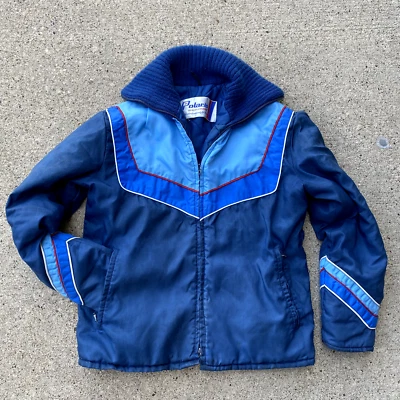 复古 Polaris 雪地摩托车夹克蓝色带红色白色细条纹 — 第 1/4 张图片