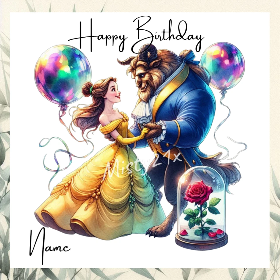 Personalised BEAUTY and the BEAST Happy Birthday Greeting Card Balloons Red Rose - Image 1 of 1