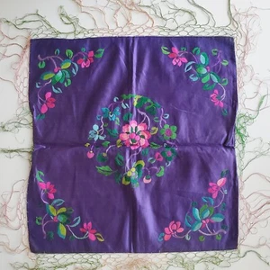 Vtg Purple Floral Embroidered Small Tablecloth Square Satin Decorative Accent - Picture 1 of 12