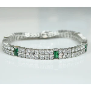White Gold Finish Created Diamond & Green Emerald Tennis Bracelet With Gift Box - Picture 1 of 7