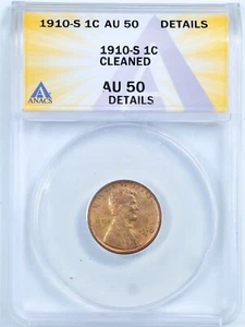 1910-S 1C Lincoln Wheat Cent AU 50 Detail Cleaned ANACS 7785787 - Picture 1 of 2