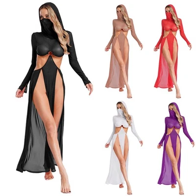 UK Women See Through Maxi Sheer Sexy Dress High Slit Hooded Cover Up Party Beach - Image 1 of 3