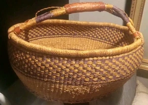 Vintage Large Striped Woven African Bolga Basket Market Bag Leather Handles - Picture 1 of 22