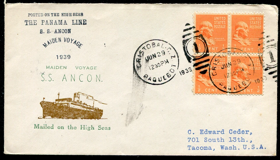 PANAMÁ (26010): S.S. ANCON Paquebot cancelar/cubrir 1939 Foto 1 de 2