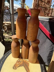 Set Of 5 Vintage Wooden Carnival Knock-Down Milk Bottles With Rustic Finish - Picture 1 of 5