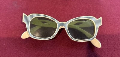 Vintage 60s Childs blue stripe Plastic Sunglasses with case  - Image 1 of 3