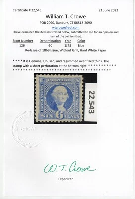 US Sc# 126 *MINT RG H* { "SCARCE W/ CROWE CERT } RE-ISSUE OF 1869 6c PICTORIAL - Image 1 of 4