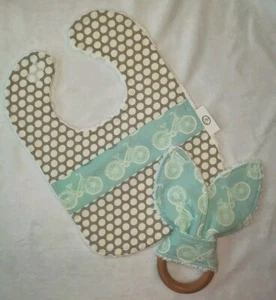 Boutique Gray And Blue Bicycles Chenille Bib And Teether Set - Picture 1 of 4