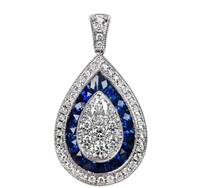 925 Sterling Silver Sapphire Halo Set Pear Cut White Moissanite Pendant For Love - Picture 1 of 6