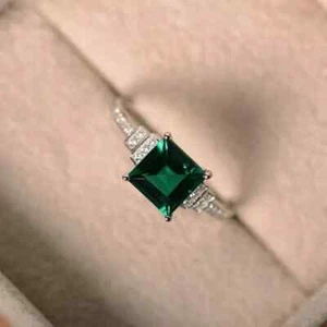 2.40 Ct Princess Cut Natural Emerald & Diamond Engagement Ring 14K White Gold - Picture 1 of 4