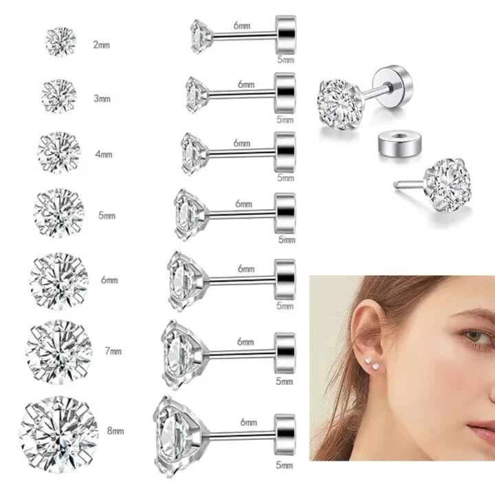 Hypoallergenic Silver Stainless Steel Round CZ Stud Earrings Screw Back PE31 - Image 1 of 1