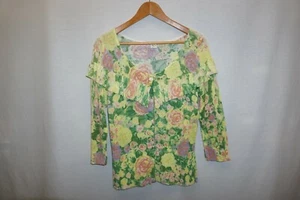 Anthropologie Yellow Bird Colored Pencil Cardigan Larg Floral 3/4 Sleeve Ruffles - Picture 1 of 8
