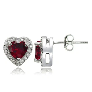 Sterling Silver 1.4ct Created Ruby and White Topaz Heart Stud Earrings - Picture 1 of 3