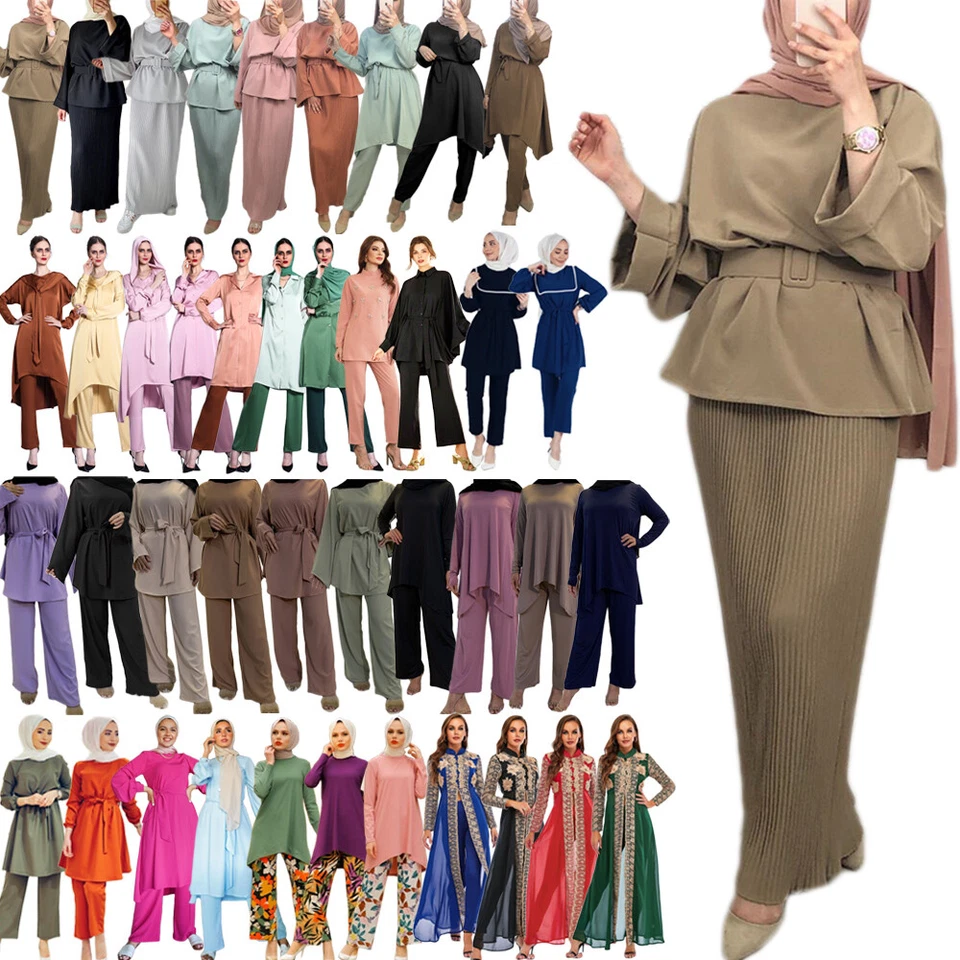 Dubai Musulmana Mujeres Manga Larga Blusa Pantalones Conjuntos Conjunto de Dos Piezas Abaya Kaftan Foto 1 de 4