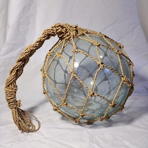 Vintage Japanese Working 7.5" Light Blue GLASS FISHING FLOAT In Net Nautical - Picture 1 of 9