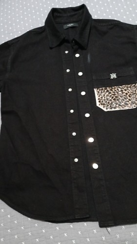 Amiri Autentica Giacca Denim Nera Con Pelle Leopardata Alla Tasca Over Size