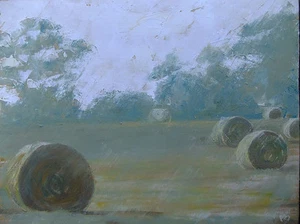 NEW ORIGINAL BRIDGET ASKEW "After Harvest" Hay rolls farm Landscape Oil PAINTING - Picture 1 of 1