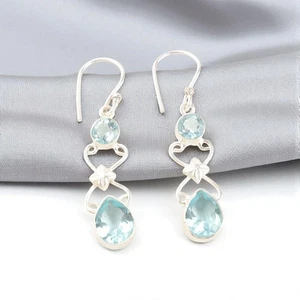 Sky Blue Topaz Gemstone 925 Stamp Silver Handmade Jewelry Earrings Gift For Wife - Picture 1 of 8