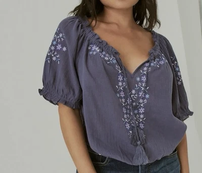 Lucky Brand 短袖领带领波西米亚蓝色农民刺绣衬衫,尺寸 M — 第 1/4 张图片