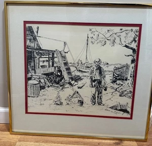 Vintage Glen Fecher Signed Ink Drawing Fisherman Coastal Scene Framed Art Print - Picture 1 of 11